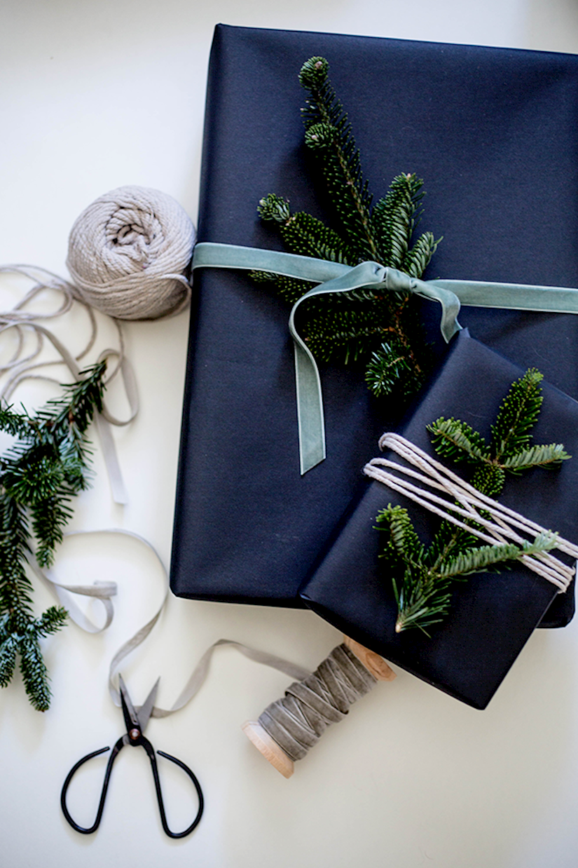 gift wrapping with fresh pine