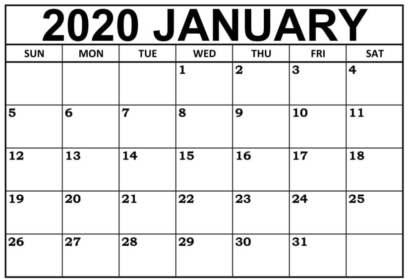 bold january 2020 calendar word