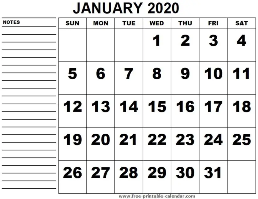 pprintable calendar january 2020