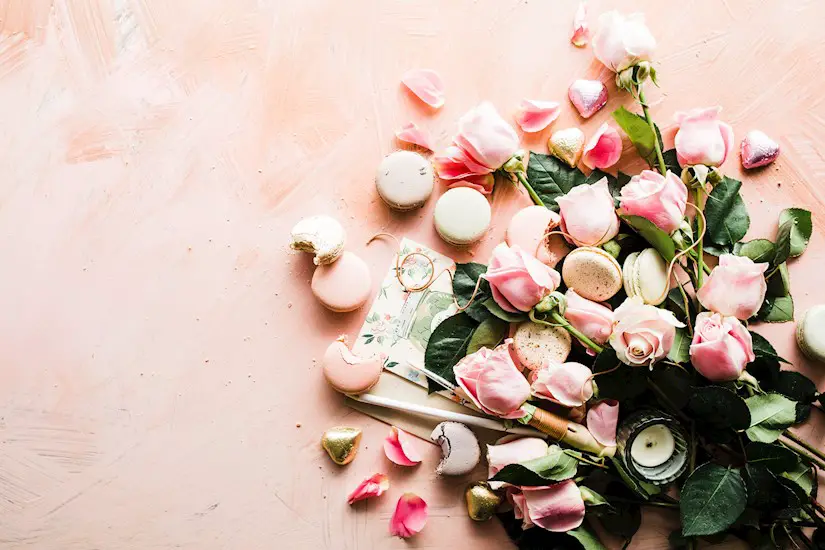 flat lay photography macaroons and pink rose flowers valentine image