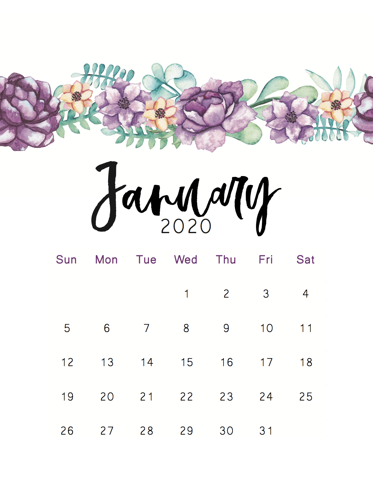 January Calendar 2021 Floral - March 2021
