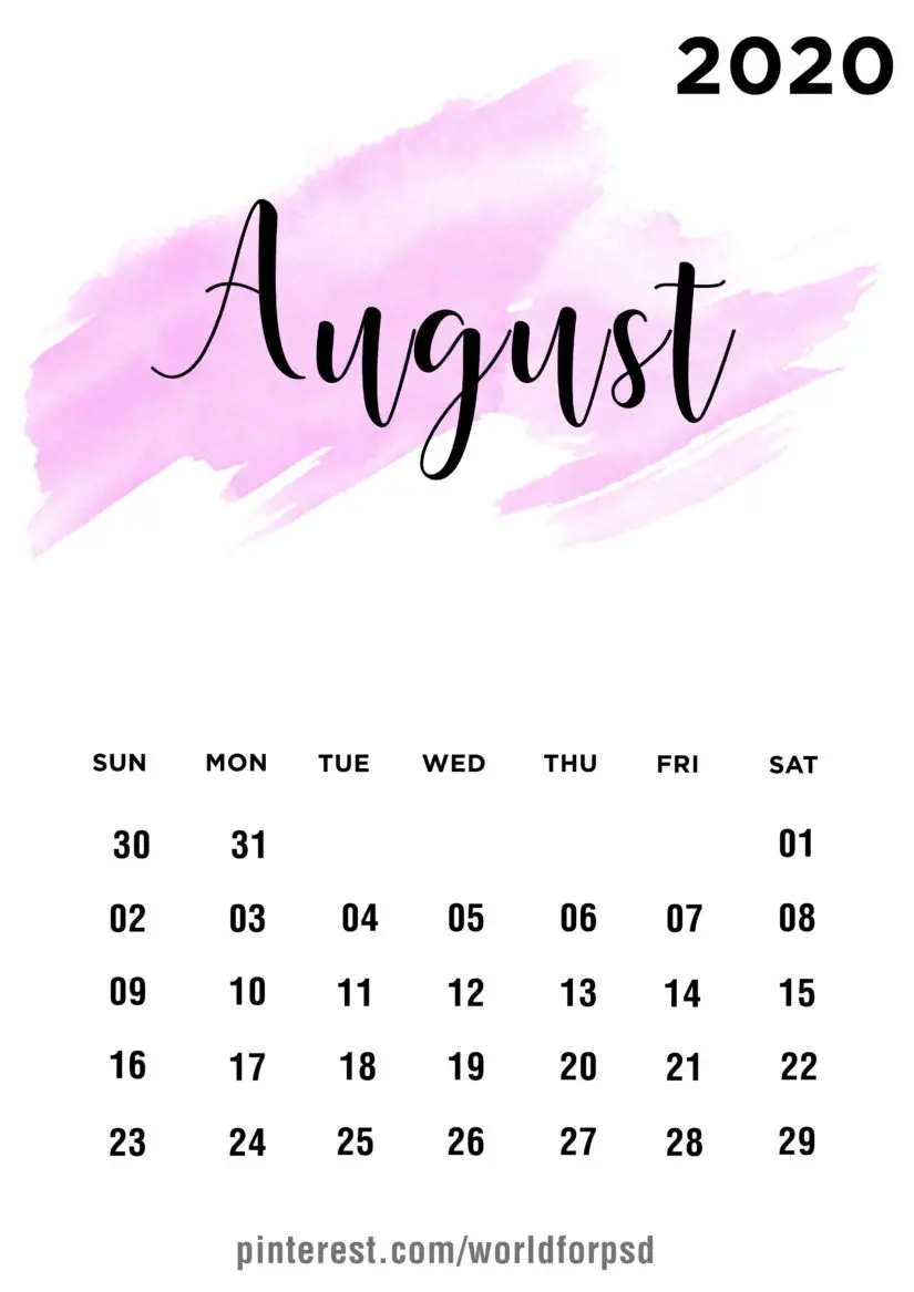 30 Beautiful Printable August 2020 Calendars for Free Onedesblog