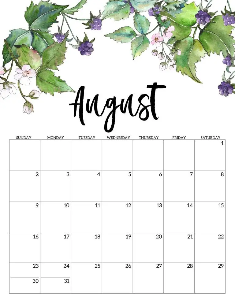 30 Beautiful Printable August 2020 Calendars For Free