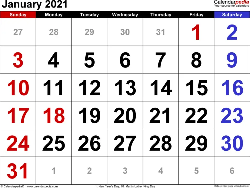 holidays january 2021 calendar