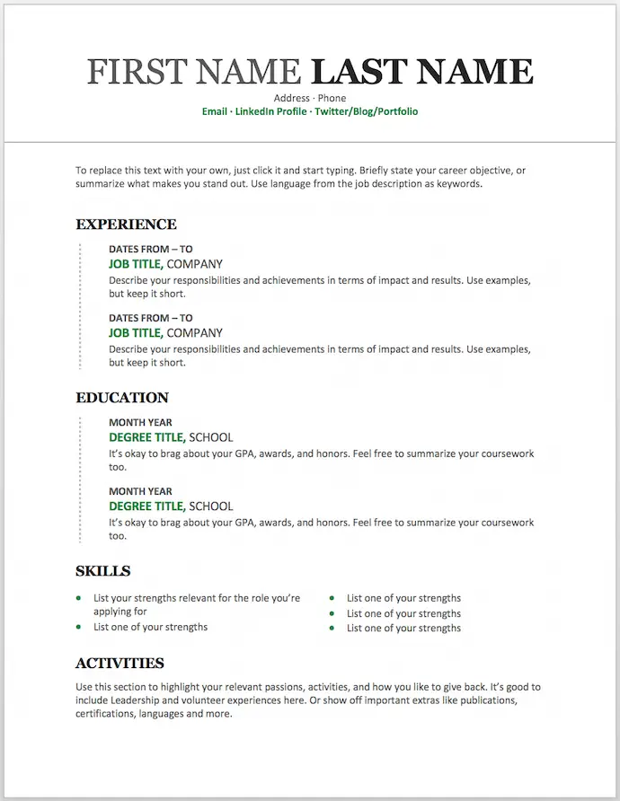 free chronological resume template 2020