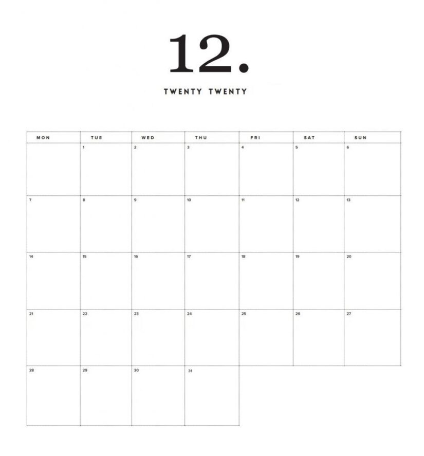 modern minimal december 2020 calendar