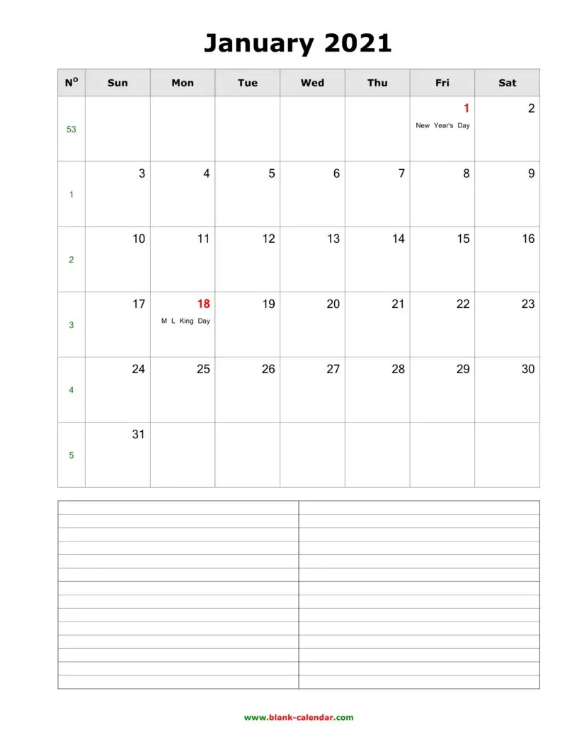 notes january 2021 calendar