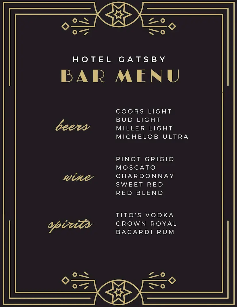 black gold great gatsby bar menu