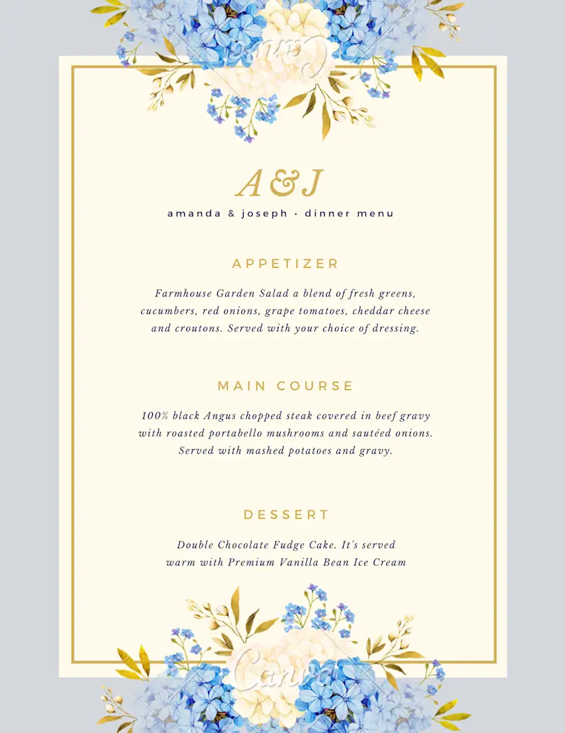 blue simple floral wedding menu