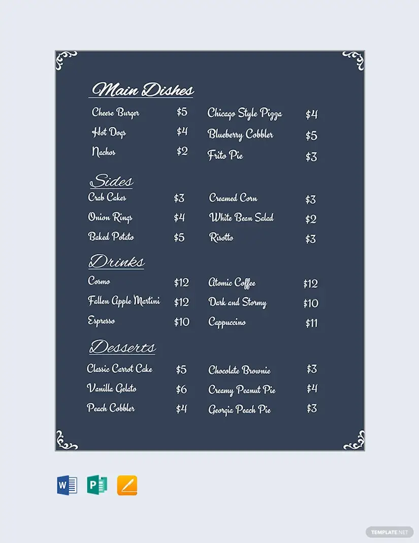 free restaurant menu price list