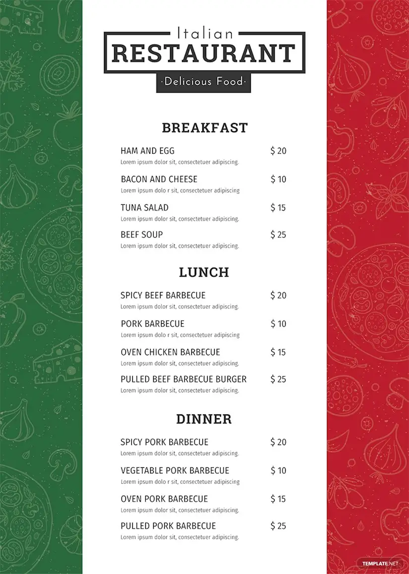 Cafe Italia Restaurant Menu