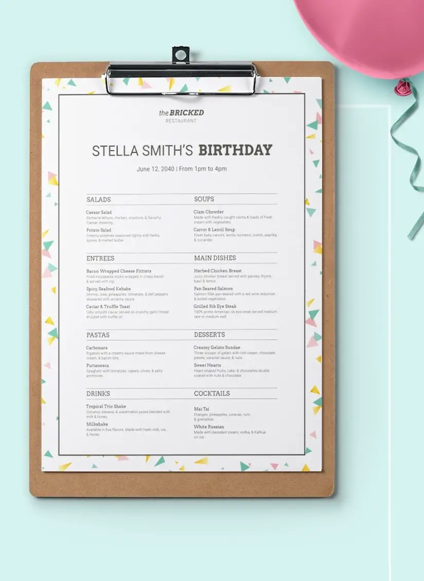 restaurant birthday menu