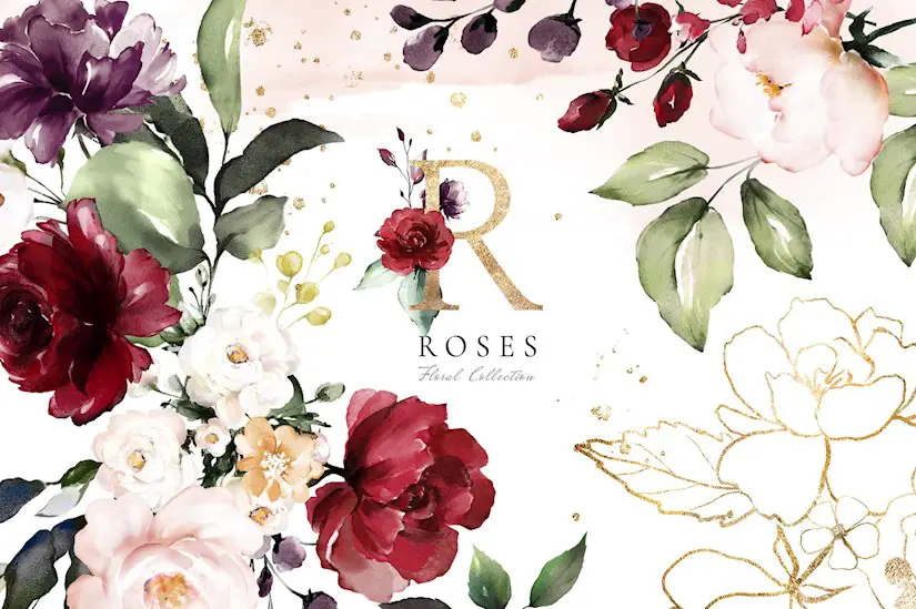 roses watercolor floral background collection