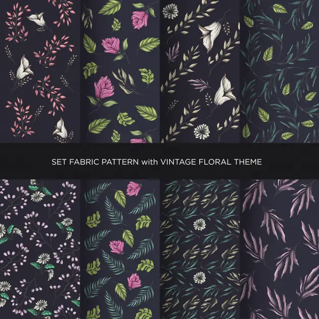 set fabric vintage floral pattern collection with dark background