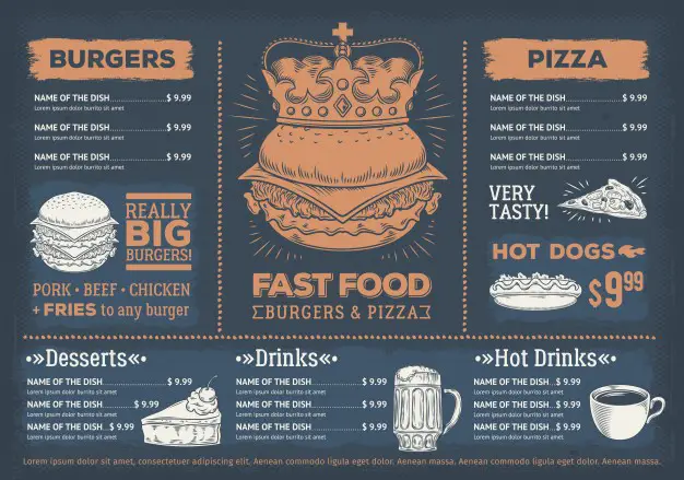 vector illustration design fast food restaurant menu cafe with hand drawn graphics