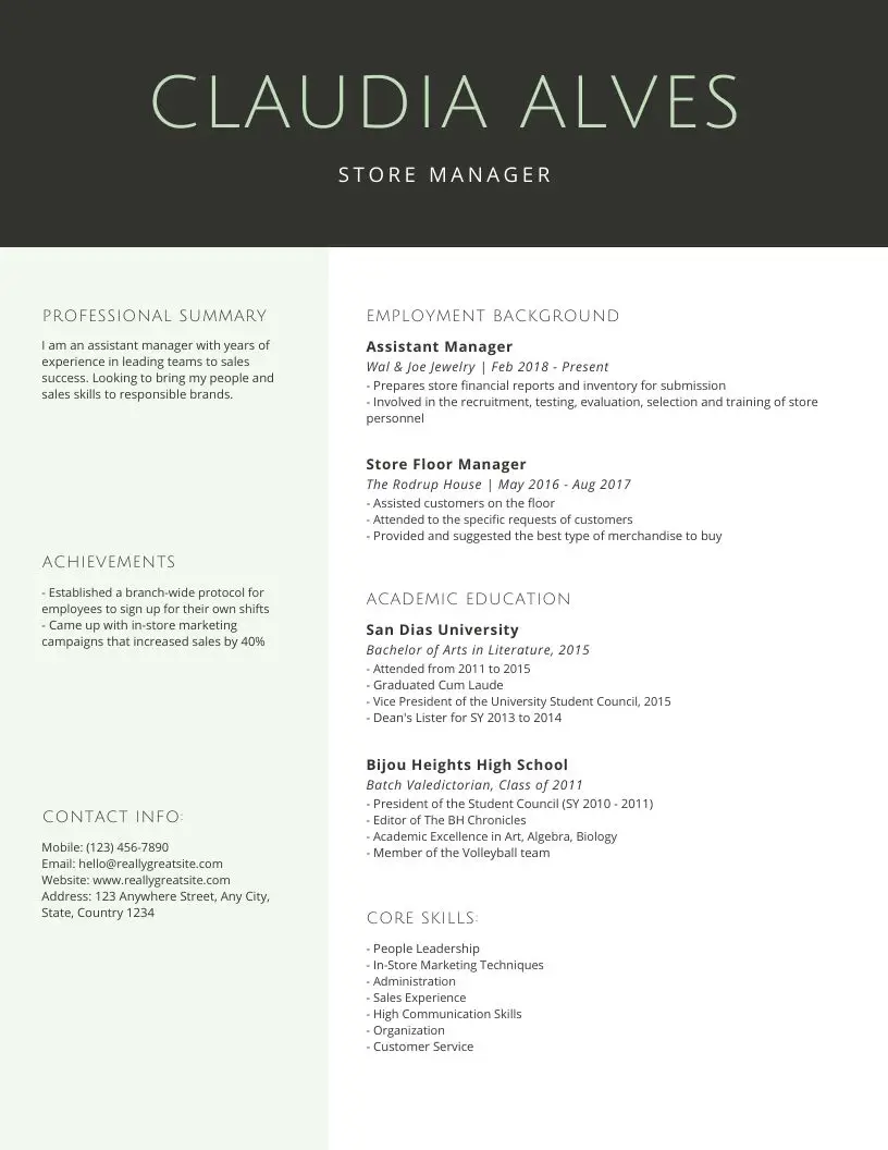 green simple professional store manager resume