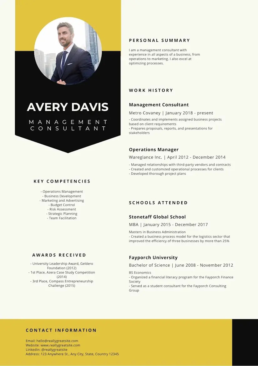 yellow and black corporate management consultant business commercial resume