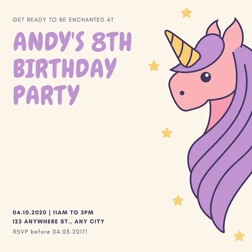 cream and purple cute unicorn invitation