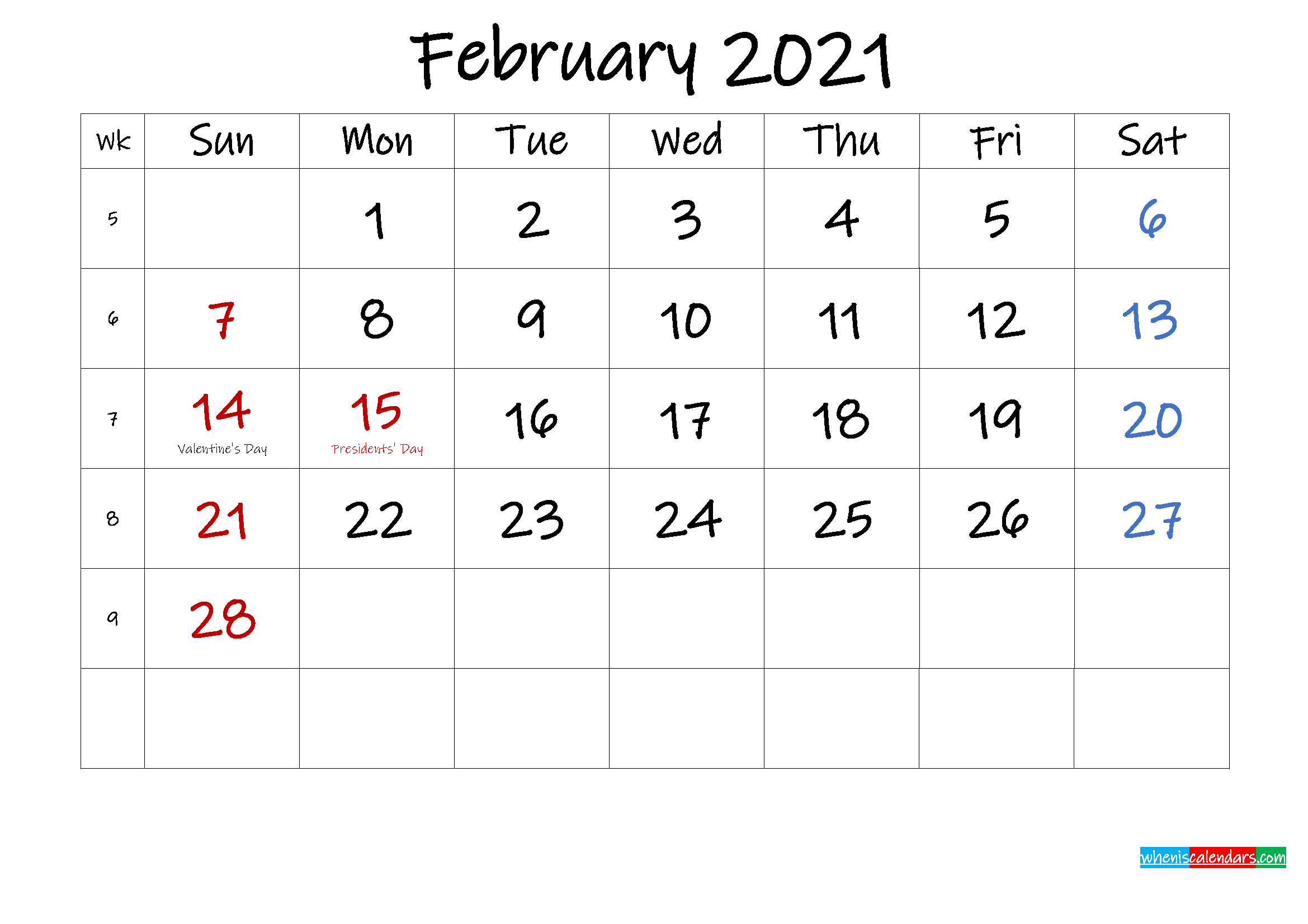 February 2021 Calendar With Holidays Usa