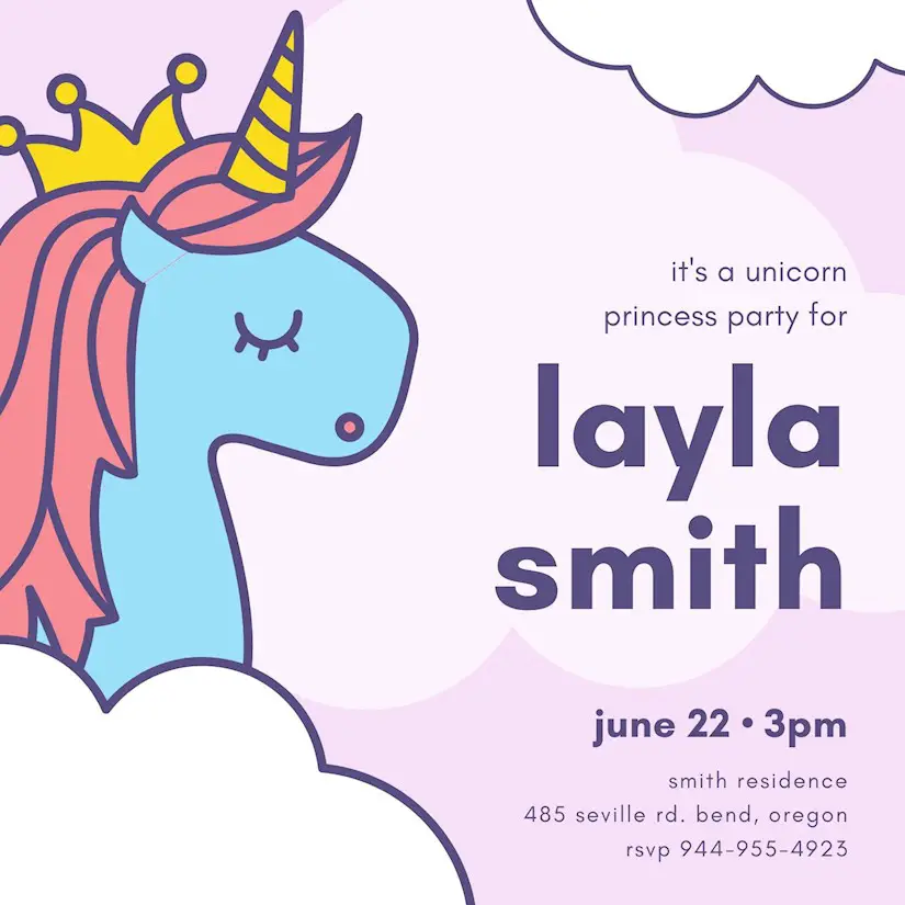 purple pink clouds unicorn princess invitation