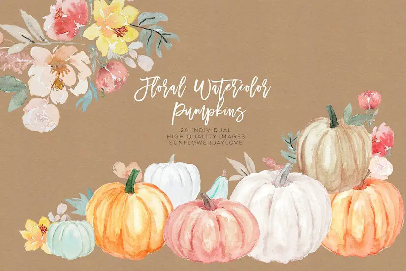 pumpkin and floral watercolor