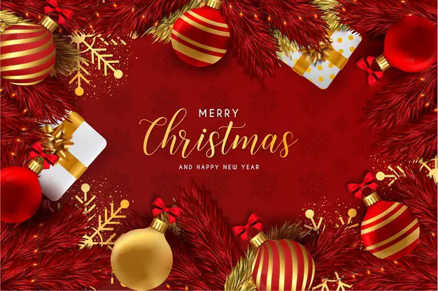 merry christmas happy new year background red with realistic christmas elements