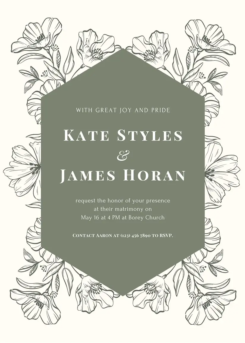 army green floral vintage illustration wedding invitation