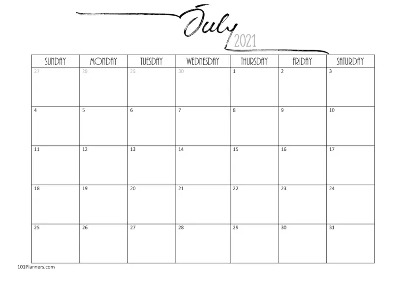 handwritten july 2021 calendar