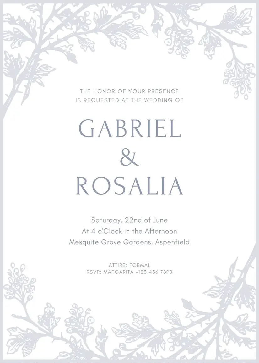 light grey and white floral vintage illustration wedding invitation