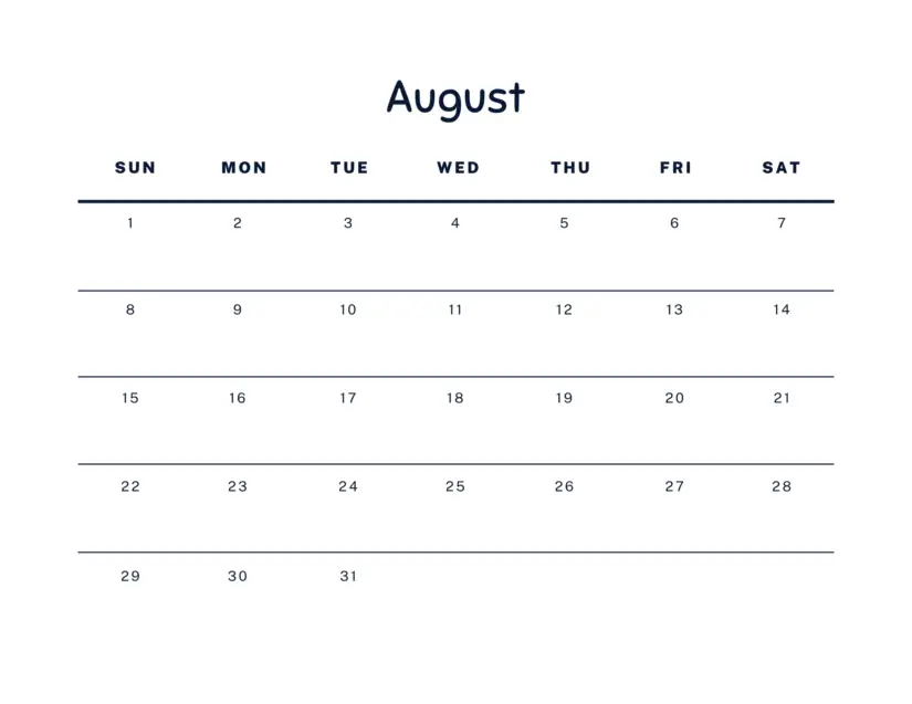 minimal august 2021 calendar