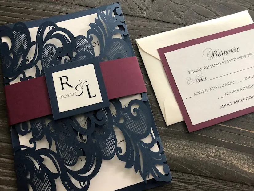 navy and burgundy laser cut wedding