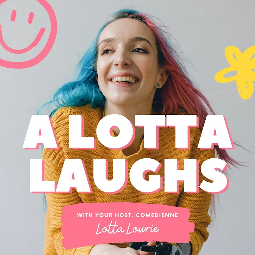 pink and yellow woman portraits comedy podcast cover