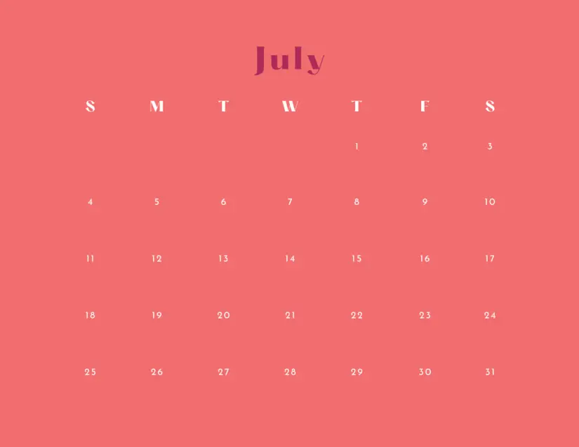 red july 2021 calendar