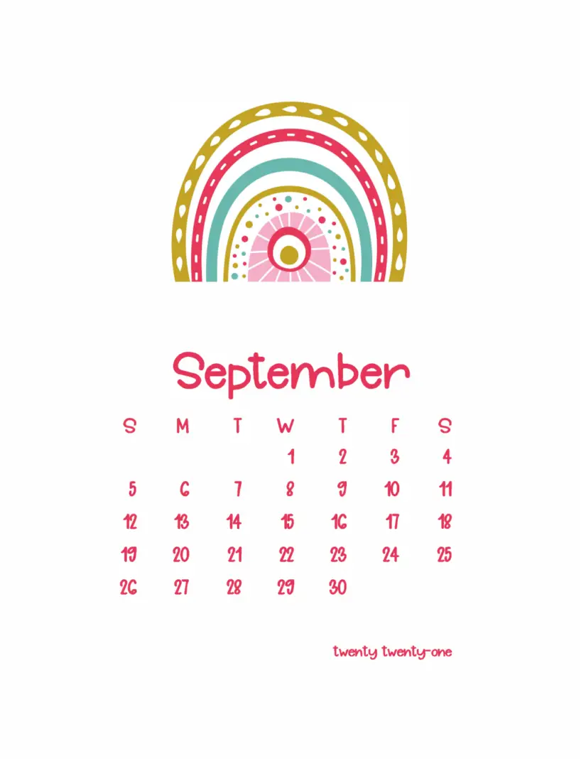 free printable 2021 rainbow calendar