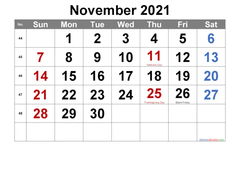 november 2021 calendar printable holidays week arial 1