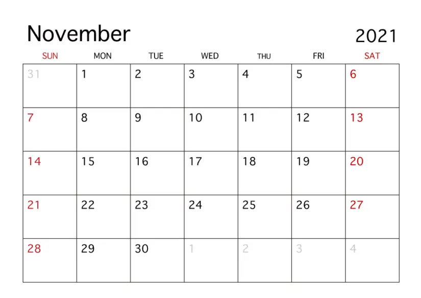 november 2021 calendar red