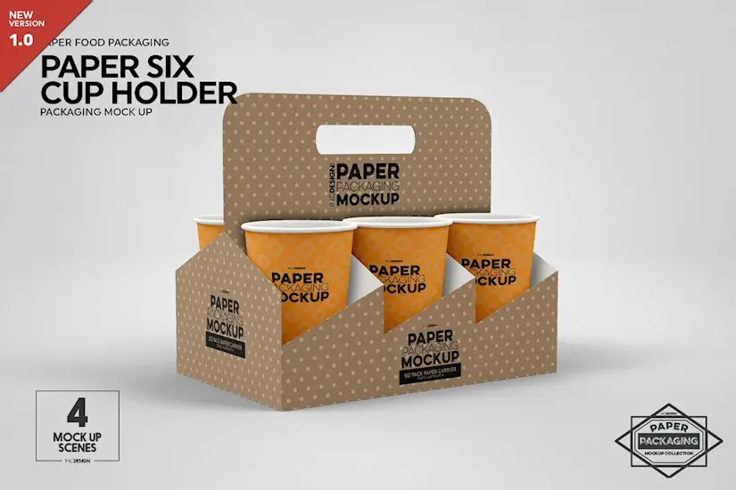 paper six cup carrierholder mockup