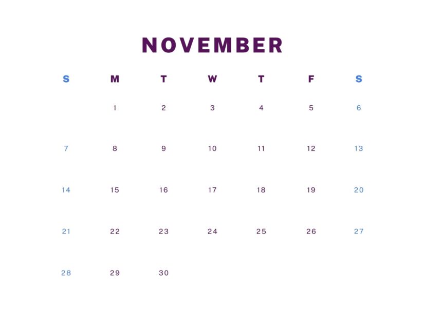 purple november calendar 2021 canva editable