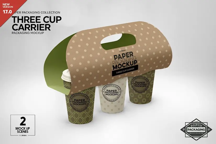 three cup paper carrier mockup