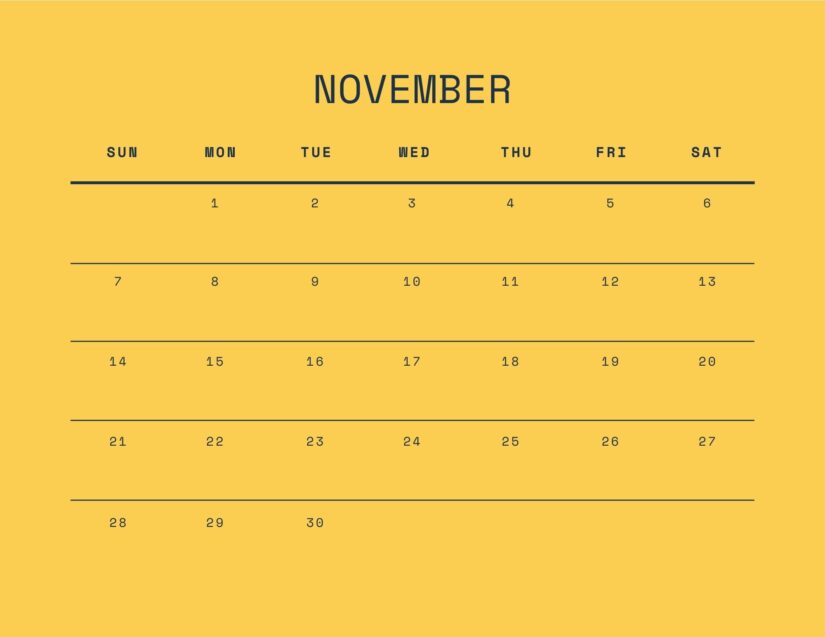 yellow november calendar 2021 canva editable