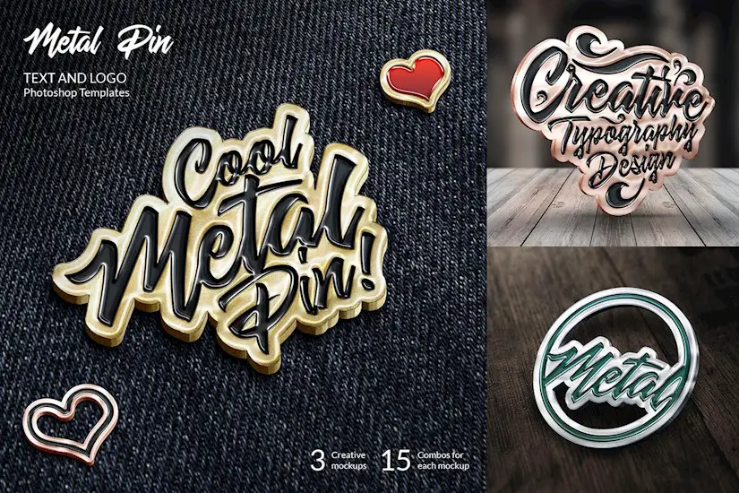 metal pin text and logo mockups