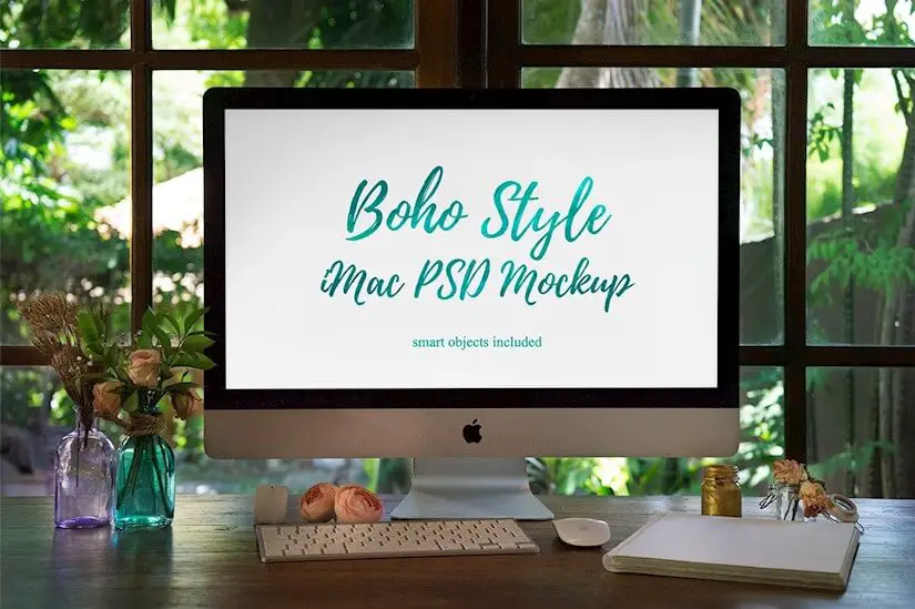 boho style imac psd mockup