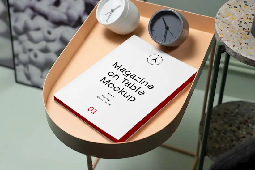 free magazine on table mockup psd