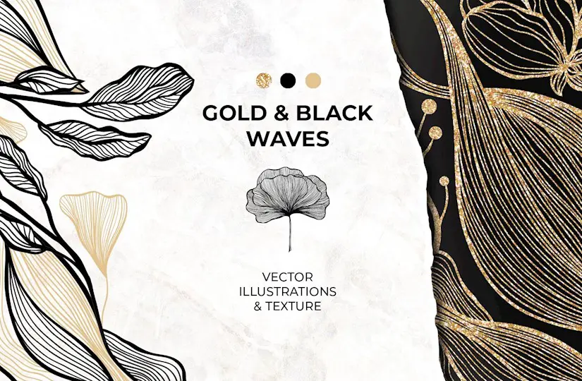 gold black waves lines flowers