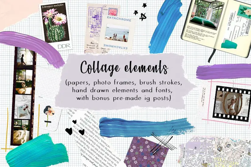 145 collage elements fonts bonus