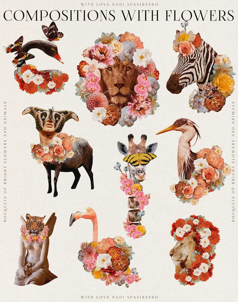 animals flowers collage