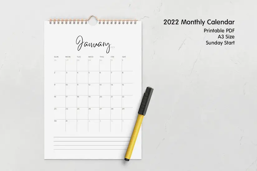 2022 monthly calendar a3