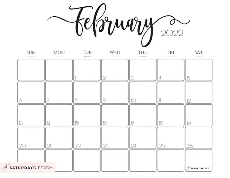 feb elegant february 2022 calendar free printable horizontal landscape black white sunday start saturdaygift 1024x791 1