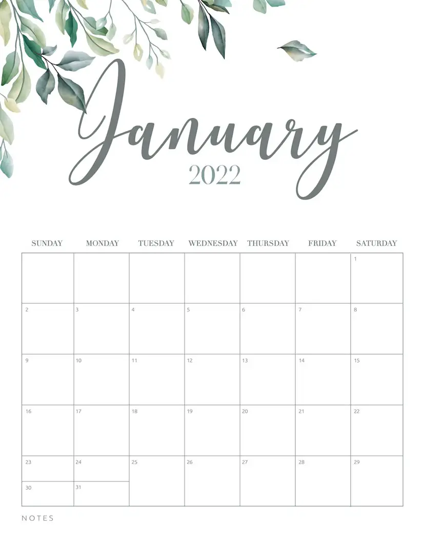 free printable january 2022 calendar botanical 2022 calendar