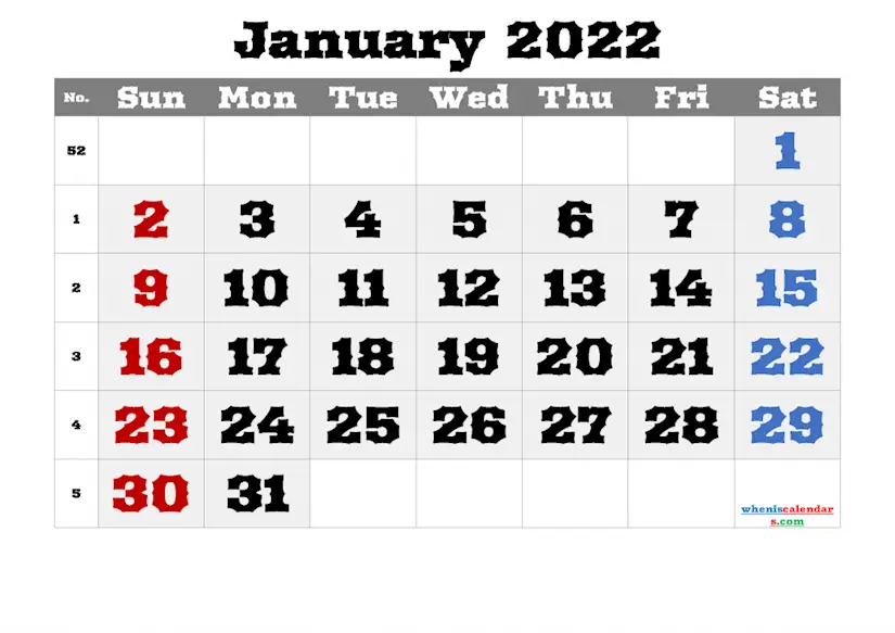 free printable january 2022 calendar